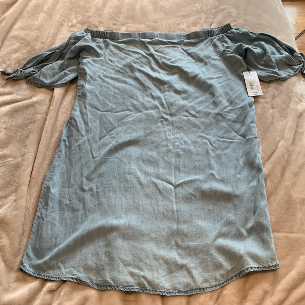 Denim off-the-shoulder dress, unworn with tag attached, size medium